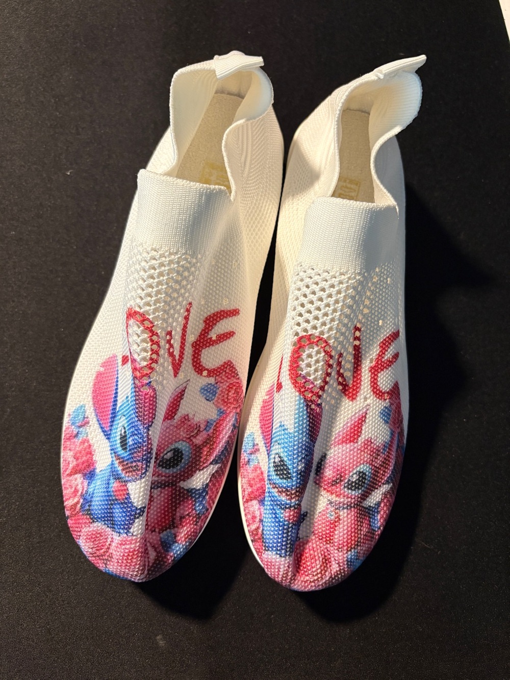 White Knit Slip-On Women’s Shoes with Pink & Blue Stitch Print